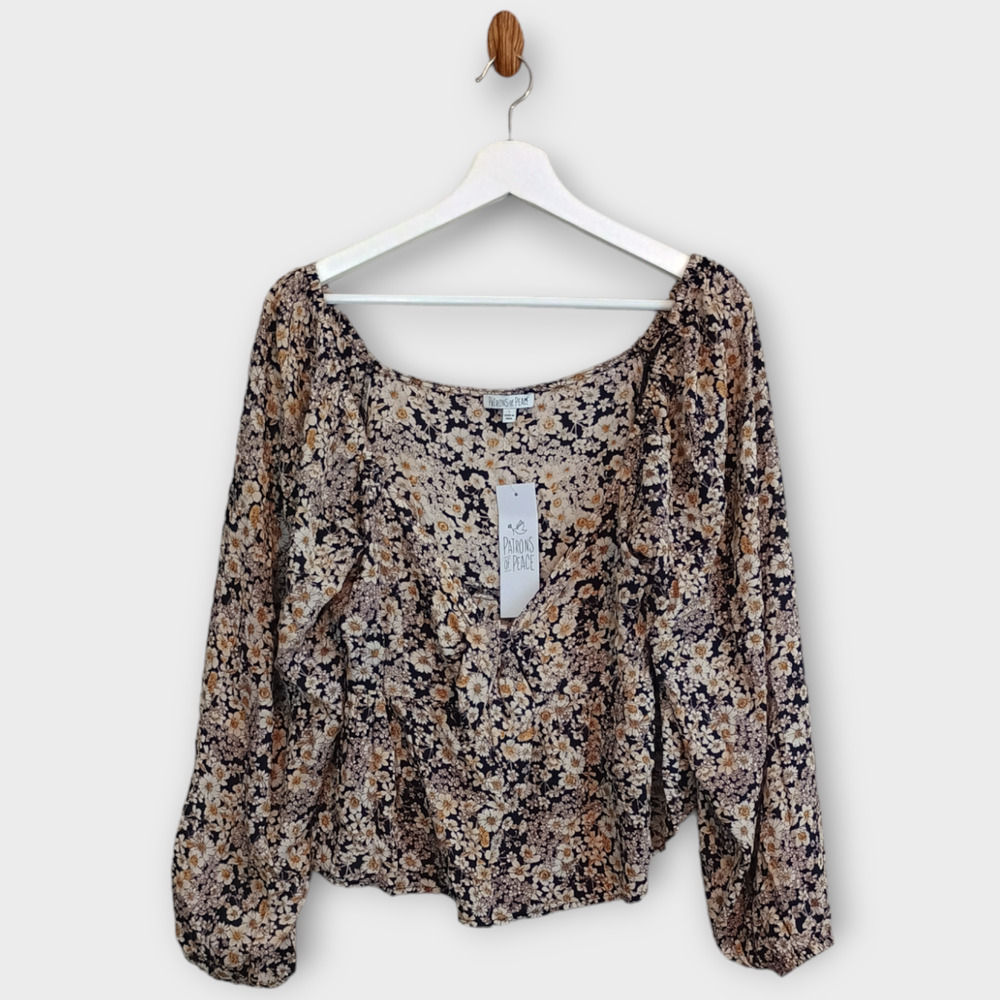 Patrons Of Peace Blouse Womens Large Floral Peasant Front Tie Cottage Core Top